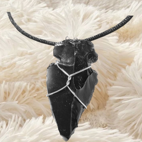 Other - .Hand Wired Obsidian Arrowhead Pendant with Black Adjustable Cord.